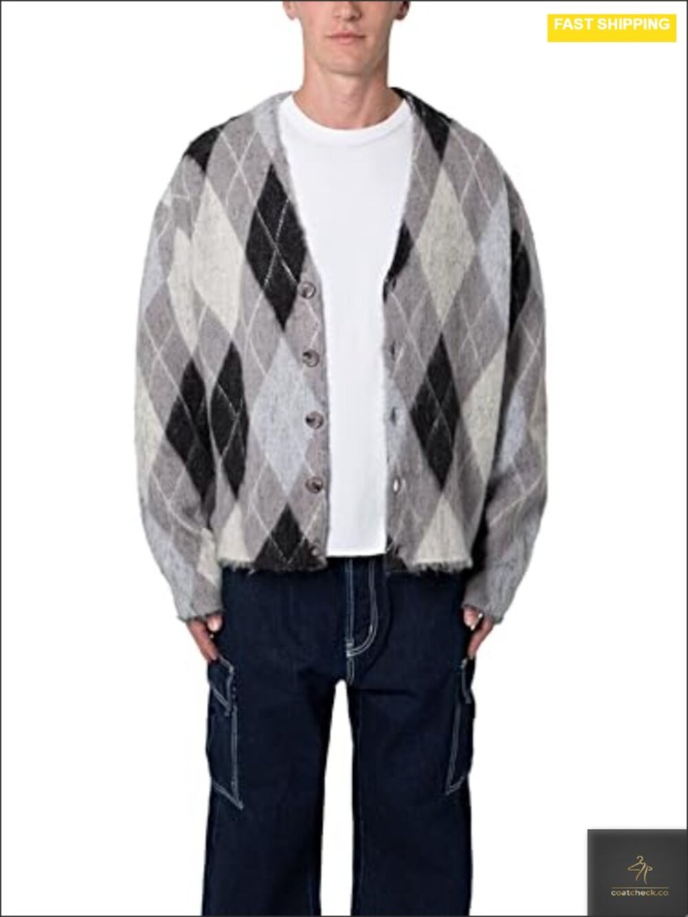 Men's Mohair Cardigan Sweater with Argyle Pattern and Buttons